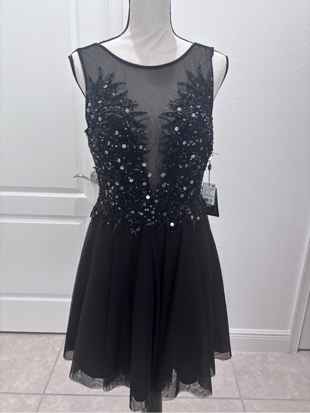Adrianna Papell Black Sequin Mesh A-Line Midi Dress